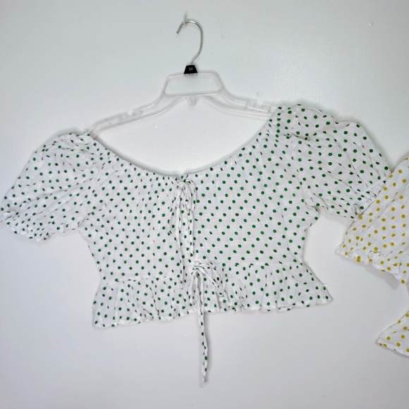 NWOT HYFVE bundle 2 Crop Top polka dots tie, puff sleeves, cotton sz L. - Picture 9 of 16